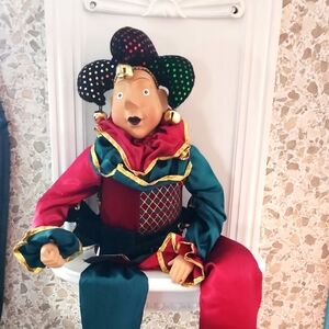 Christmas Jester Dolls, Porcelain Face, 33" Red Green Gold Clown, Happy Pierrot